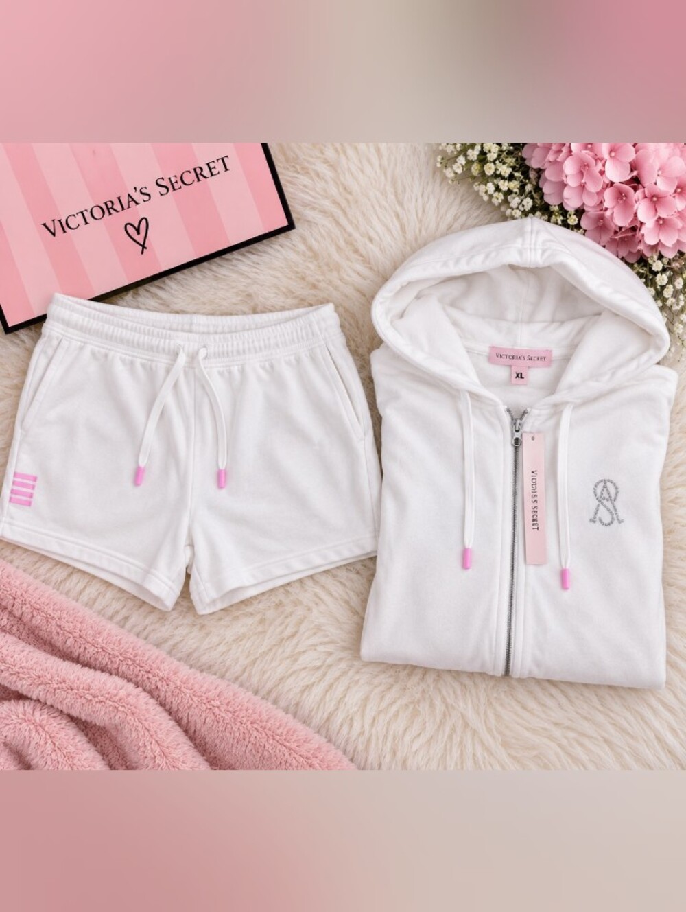 Victoria's Secret White & Pink Zip Hoodie & Shorts Set XS NWT